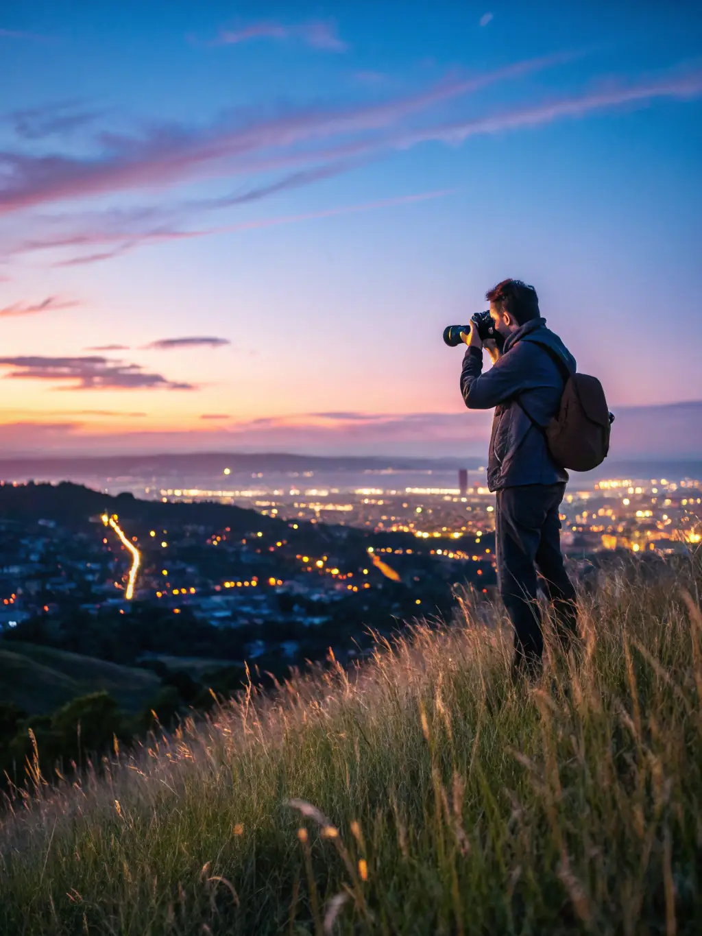 A photographer on a rooftop, silhouetted against a vibrant sunset over a cityscape, capturing an editorial shot for a magazine.