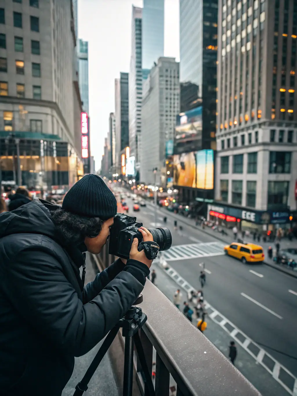 A professional photographer on location, shooting an urban landscape scene with high-end equipment, focusing on capturing the city's vibrant atmosphere.