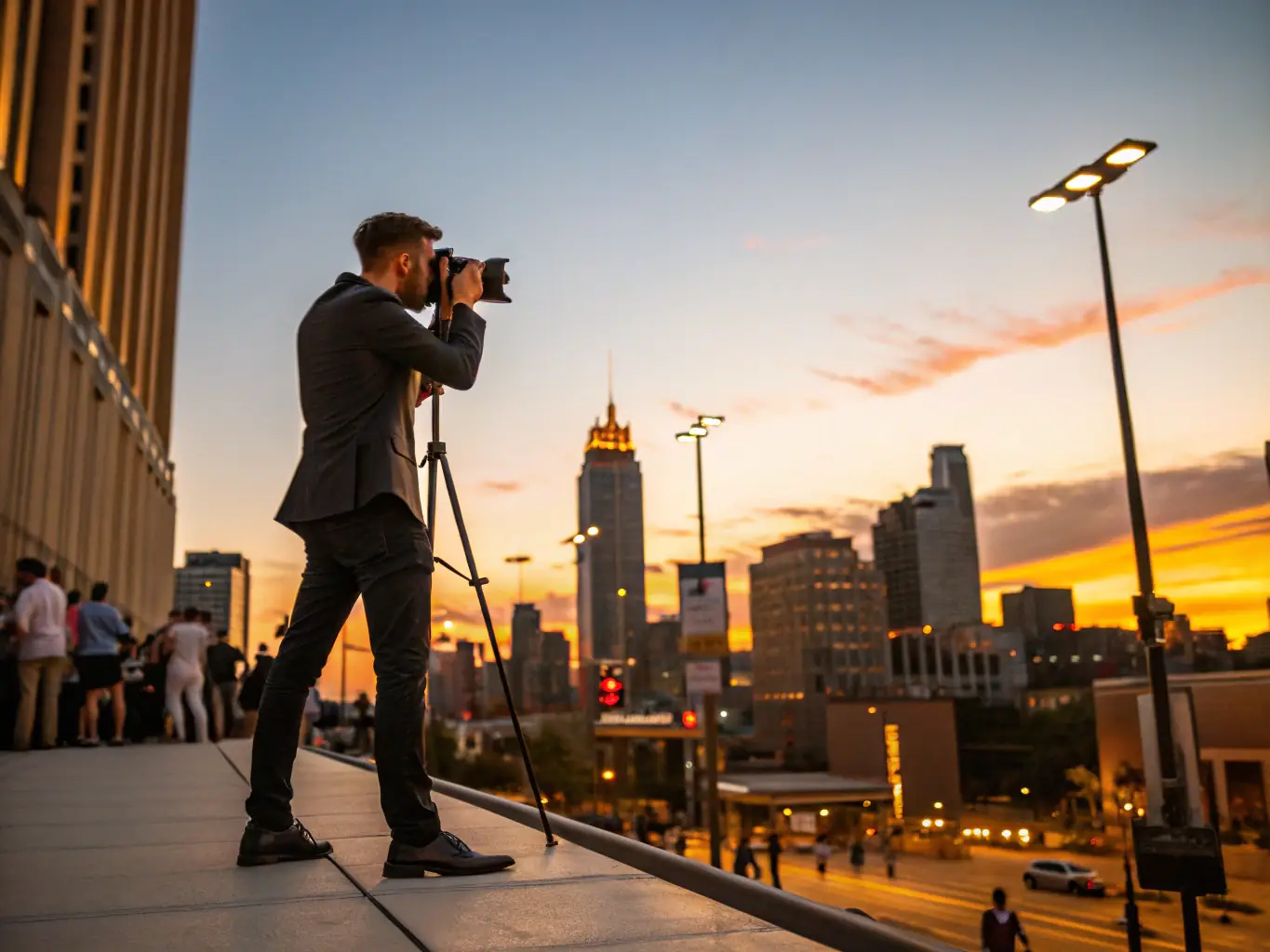 A photographer on a rooftop, capturing a stunning sunset over the cityscape, showcasing urban landscape photography.