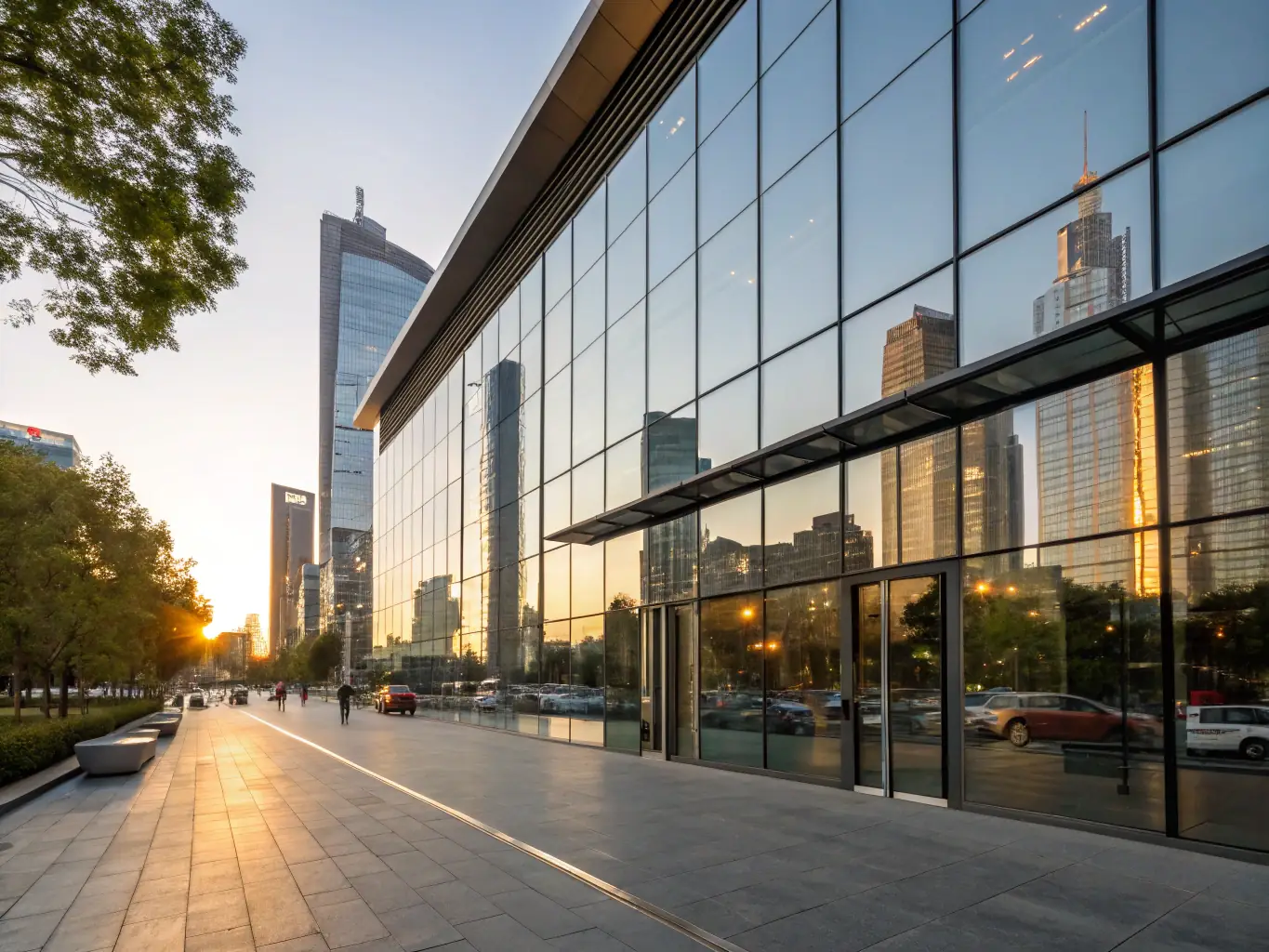 A photographer in a business suit taking photos of a modern office building, showcasing architectural photography.