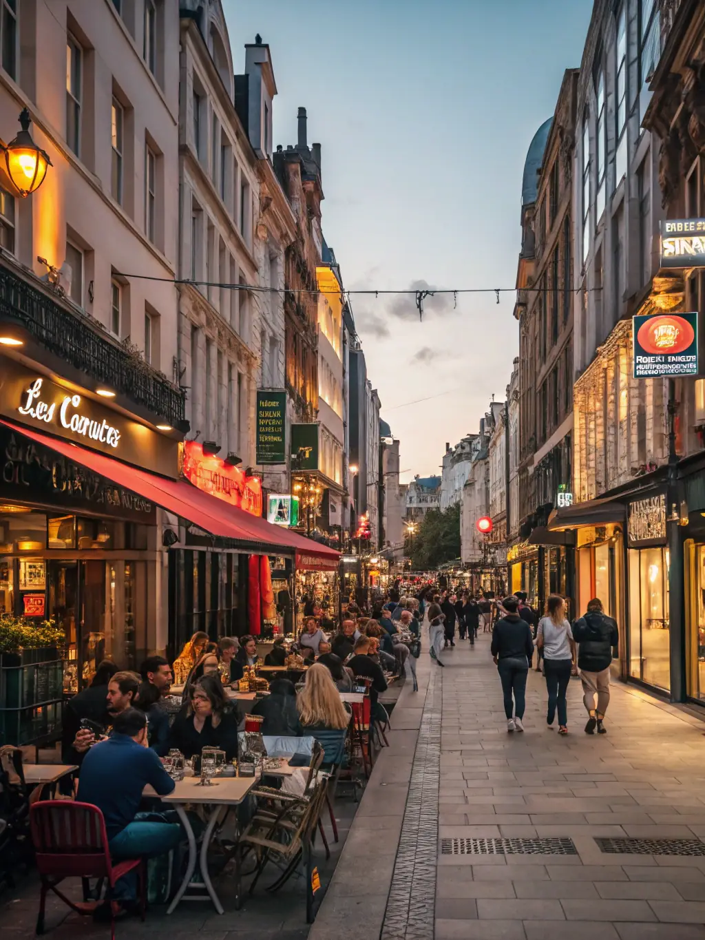 A bustling city street scene, photographed with a shallow depth of field, highlighting a product placement for a commercial client.