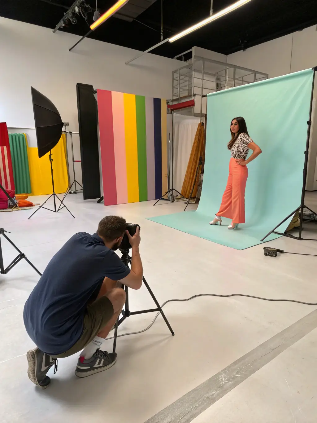 A photographer in a studio setting, directing a model for a commercial shoot, showcasing the photographer's ability to handle professional assignments.