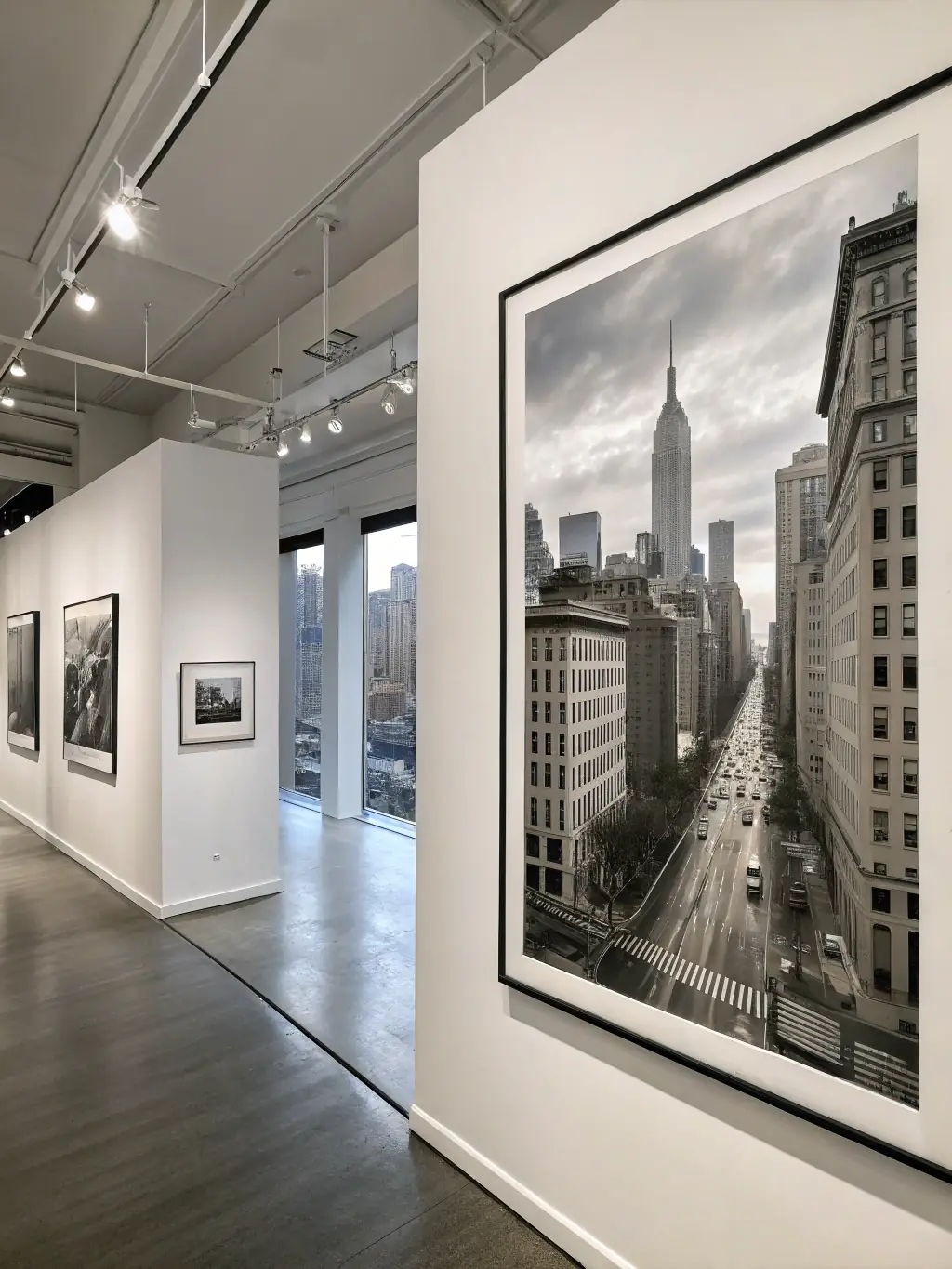 A close-up of a framed, high-quality print of an urban landscape, hanging on a gallery wall, showcasing the fine details and texture.