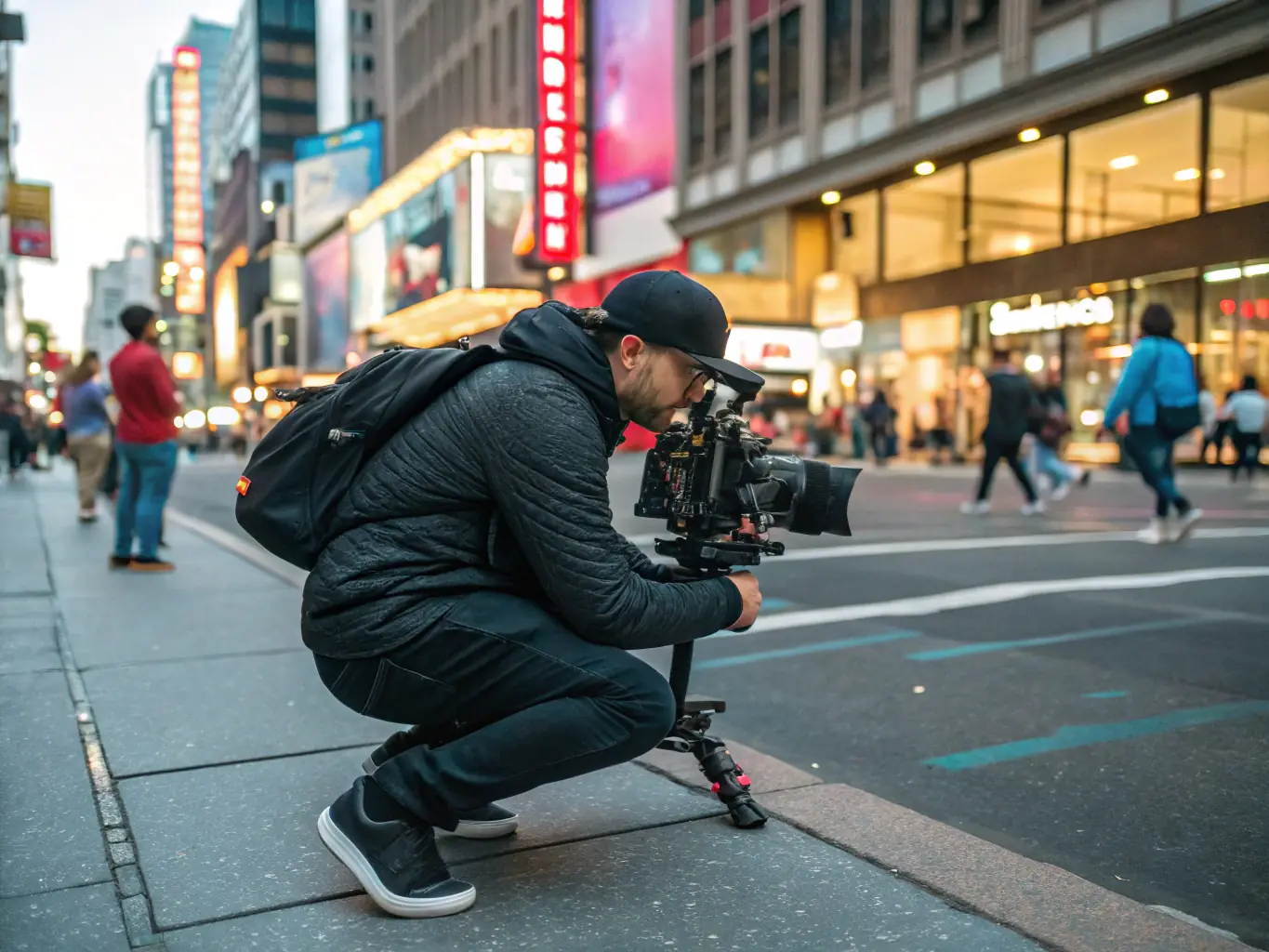 A photographer capturing candid moments on a bustling city street, showcasing street photography.